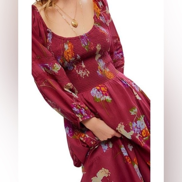 Free People Morning Glory Floral Maxi Dress Earth Red Smocked Handkerchief M - Picture 4 of 14